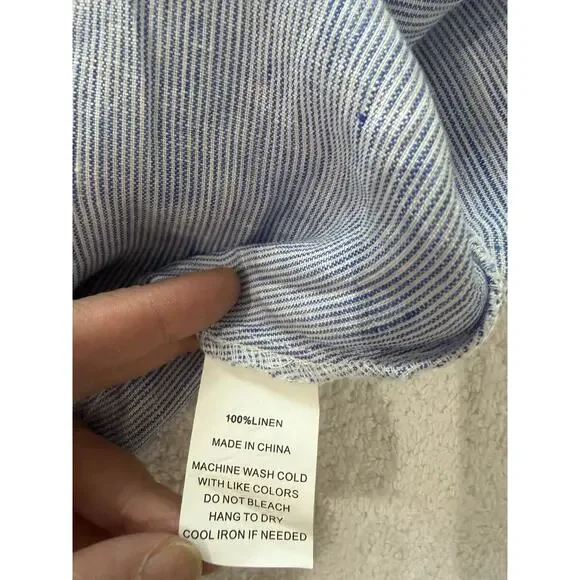 French Curve Linen ruffle V neck Dress Pinstripe Nautical Blue beach lace Sz-M - Picture 7 of 8